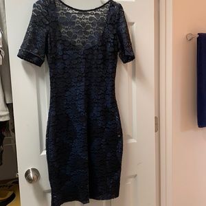 Badgley Mischka Black & Navy Lace Midi Dress